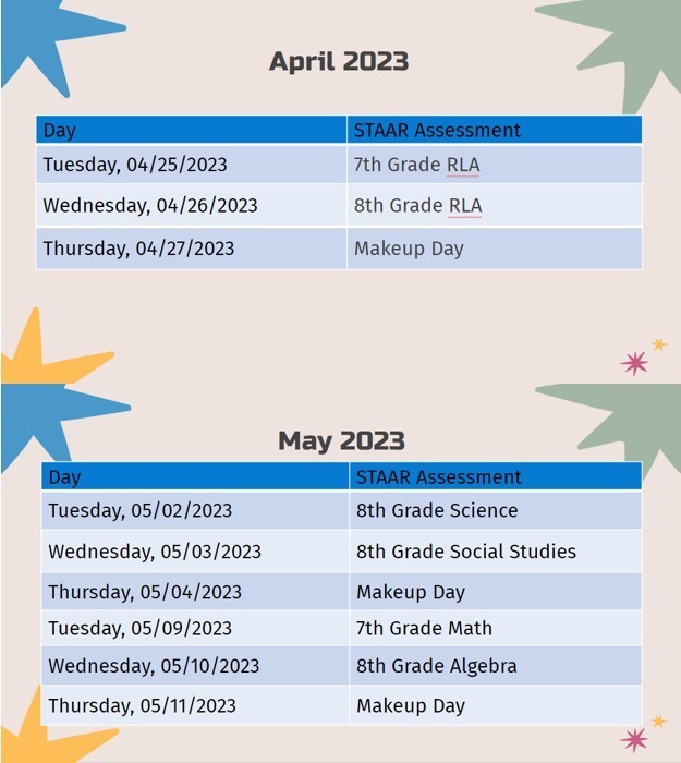 2023 STAAR Dates Somerset Junior High